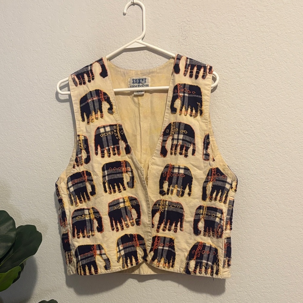 Vintage Cotton Vest with embroidered elephants M